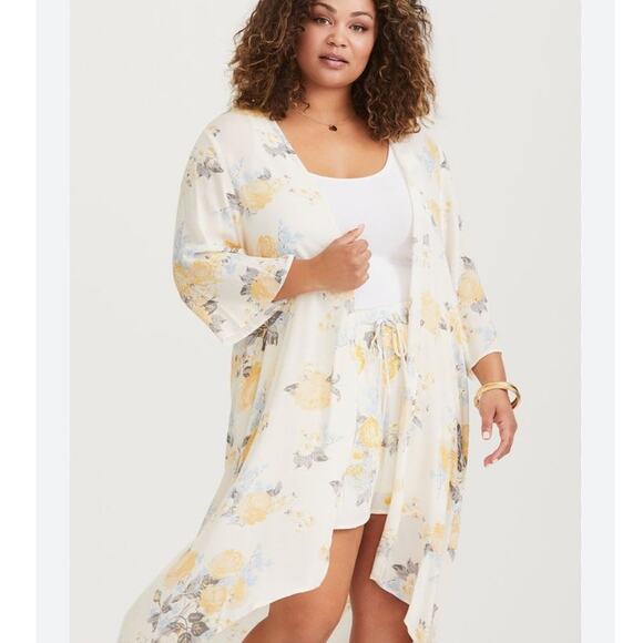 Torrid Blue & Yellow Floral Long‎ Kimono Lightweight & Flowy (3X) - Picture 1 of 8